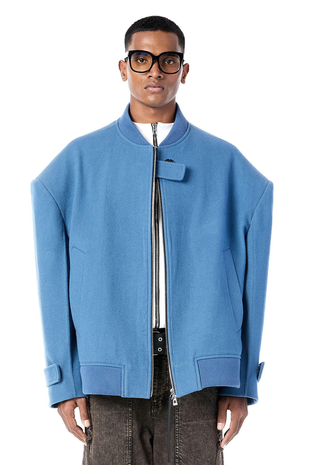 Padded Shoulder Felt Bomber Jacket