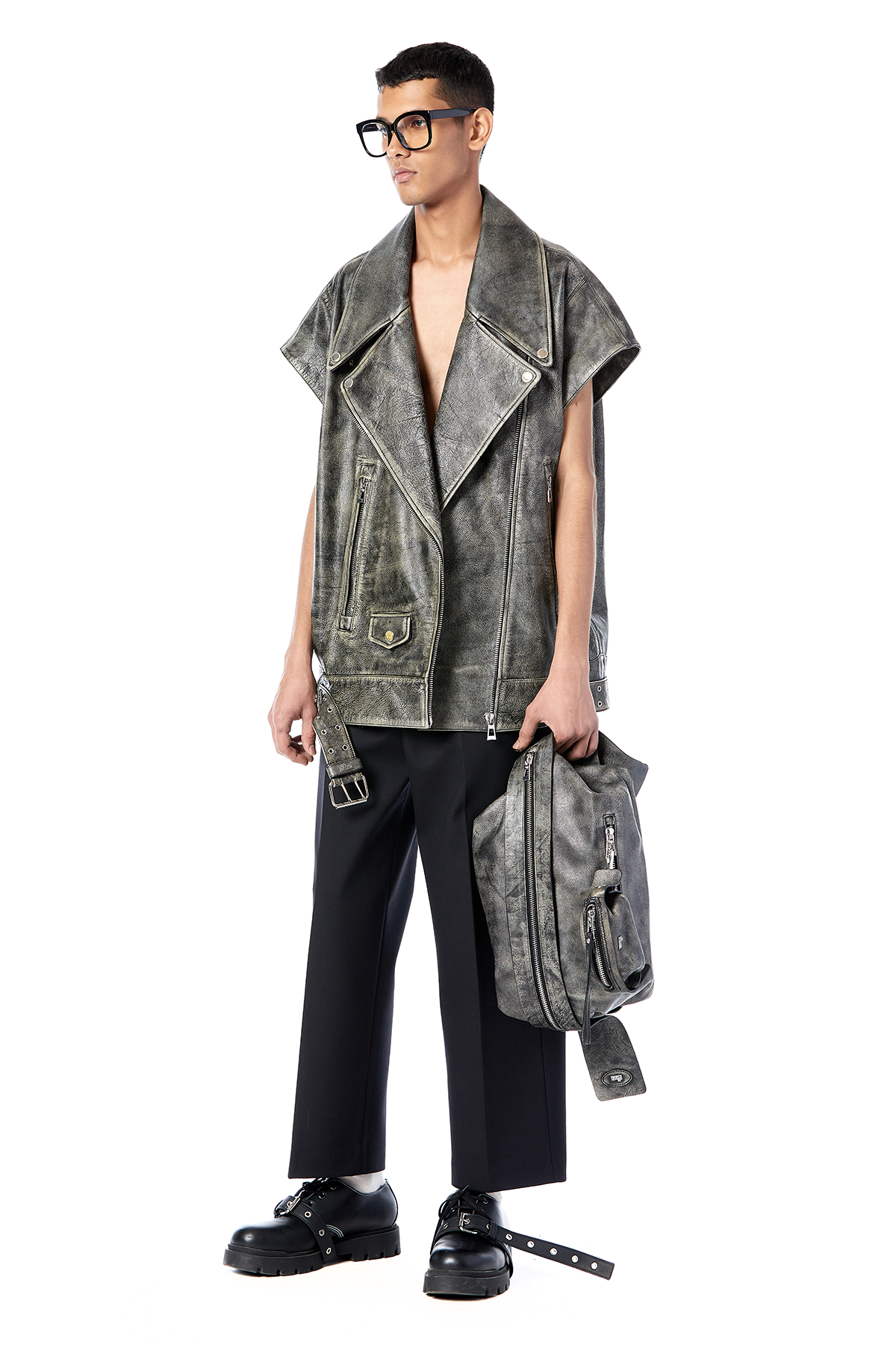 Washed Leather Biker Vest