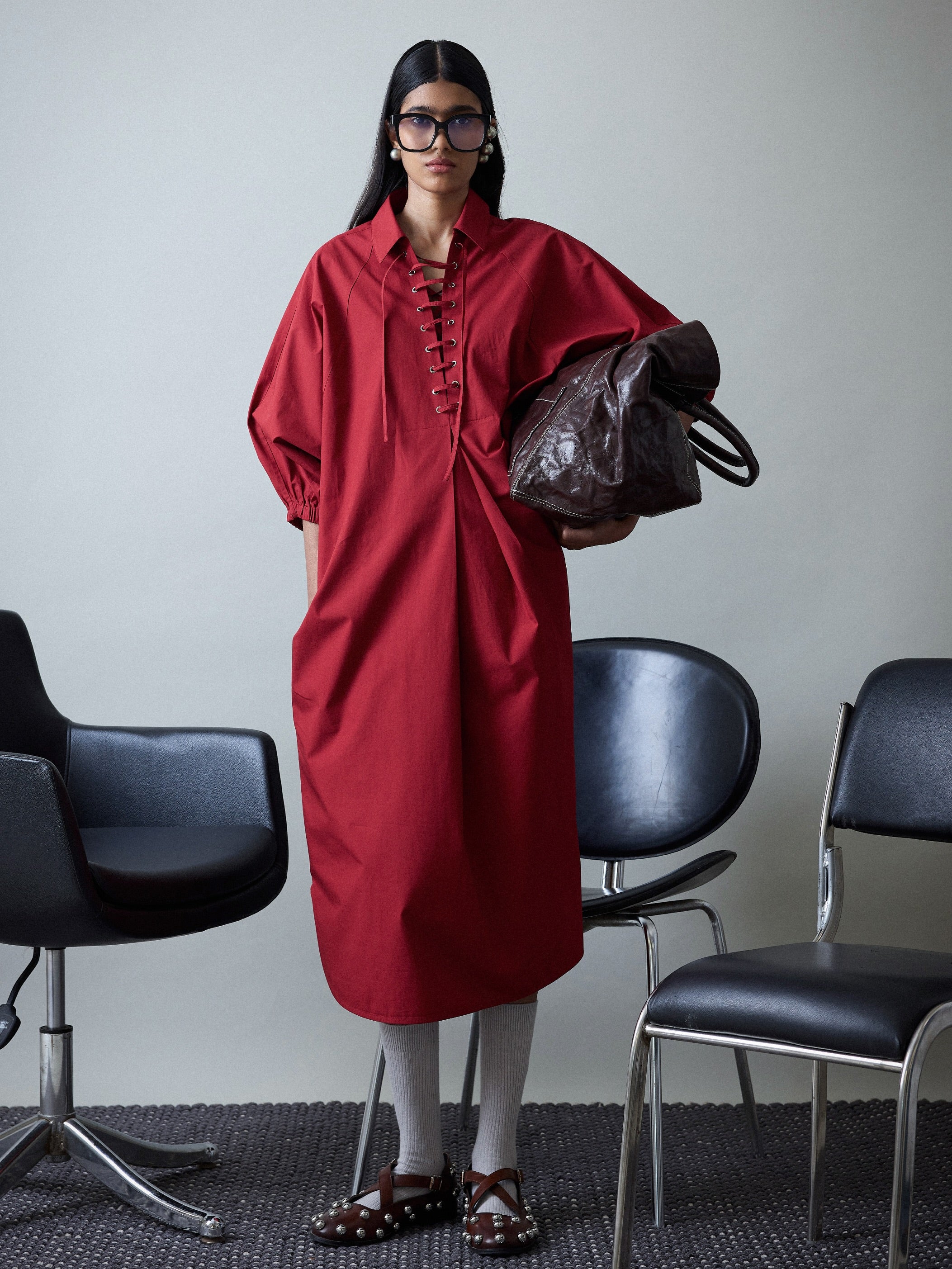 Laced Polo Batwing Shirt Dress