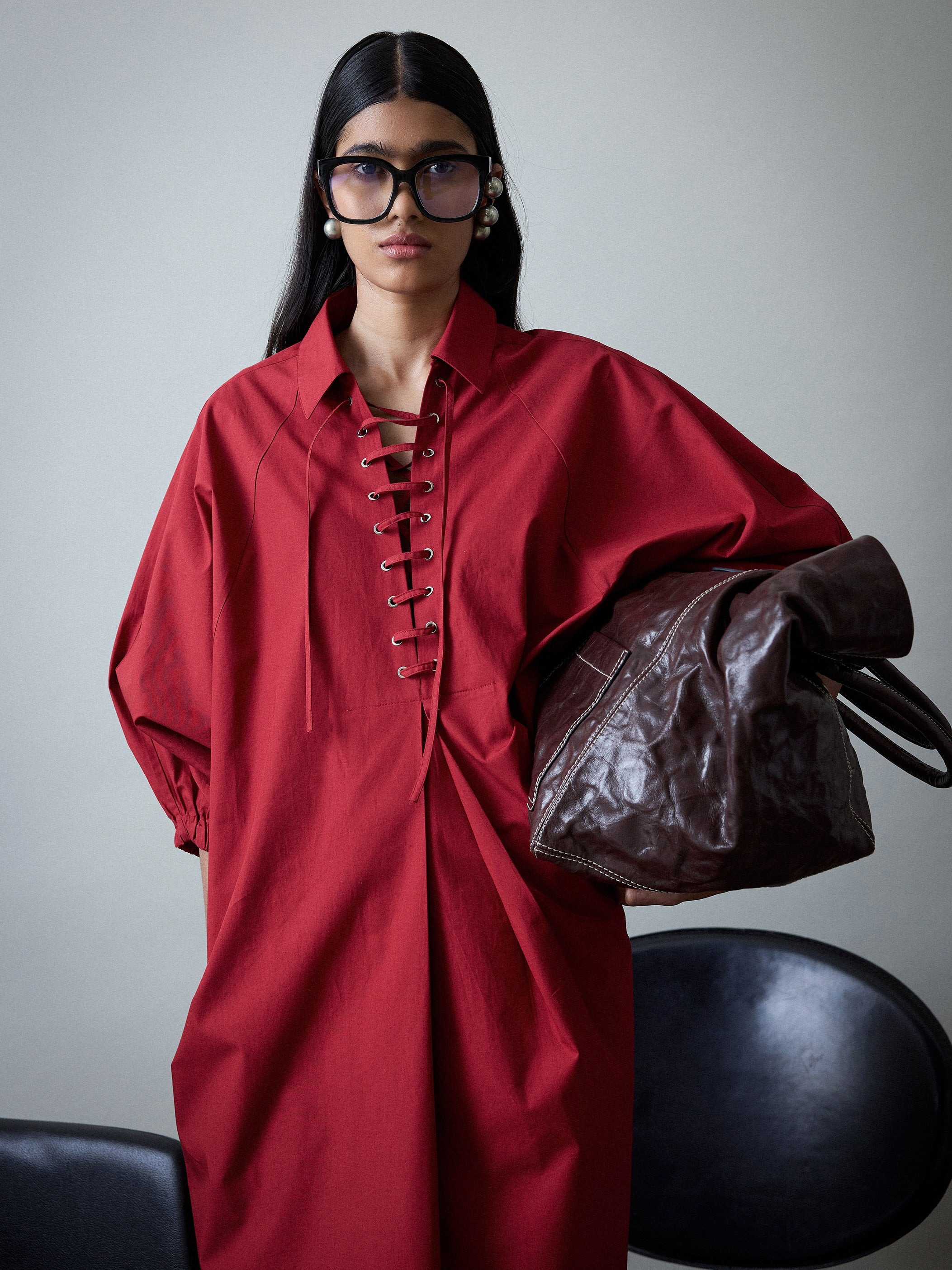 Laced Polo Batwing Shirt Dress