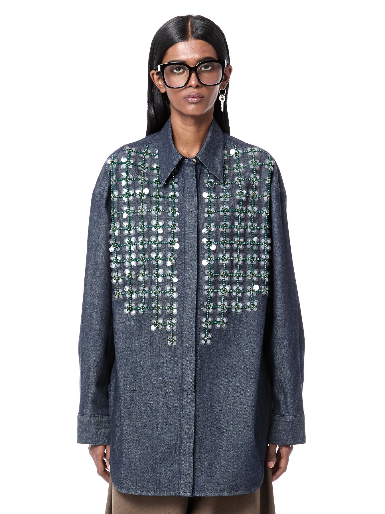 Crystal Grid Denim Shirt
