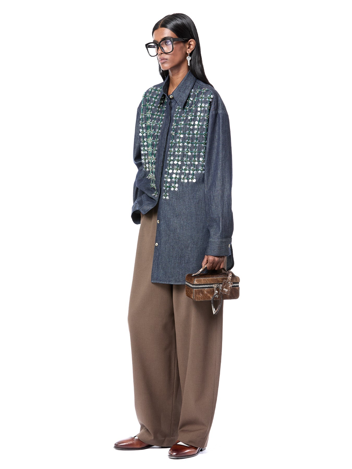 Crystal Grid Denim Shirt