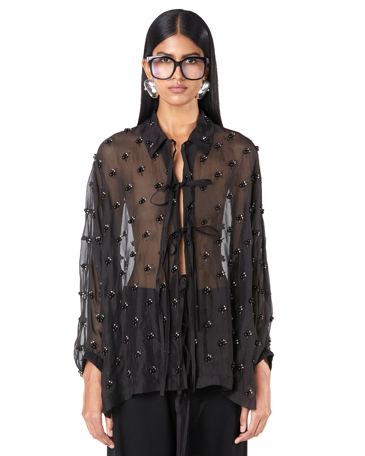 Bejeweled Tie-up Batwing Shirt