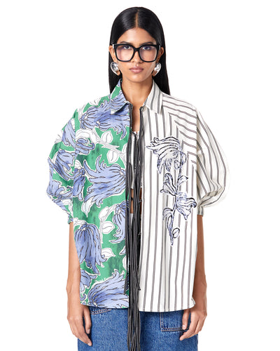 Split Print Tie-Up Batwing Shirt