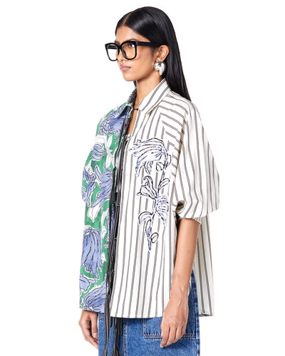 Split Print Tie-Up Batwing Shirt