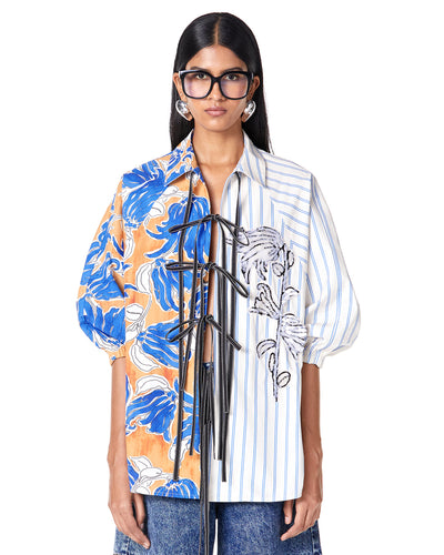 Split Print Tie-up Batwing Shirt