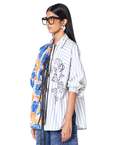 Split Print Tie-up Batwing Shirt