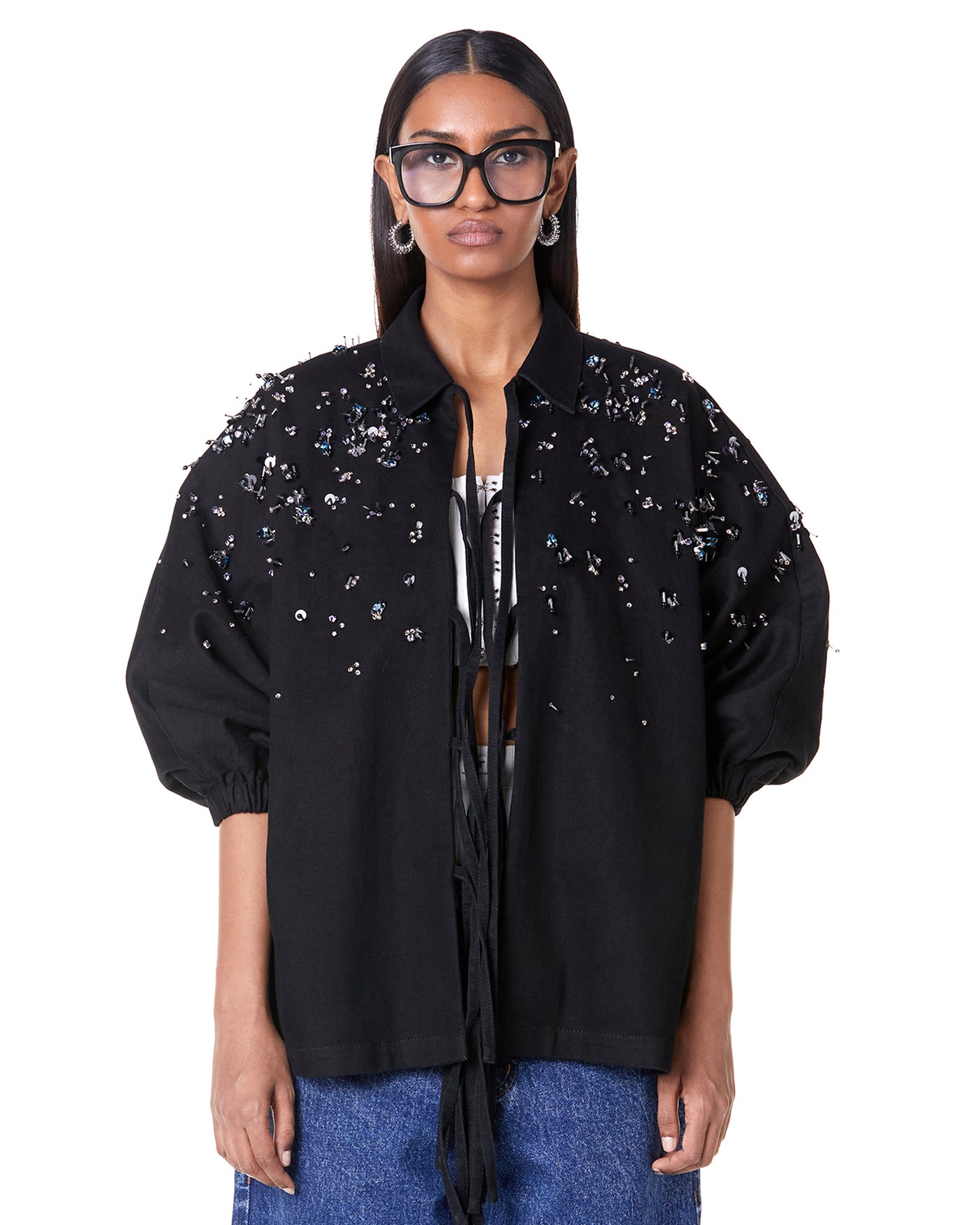 Bejeweled Tie-up Batwing Jacket