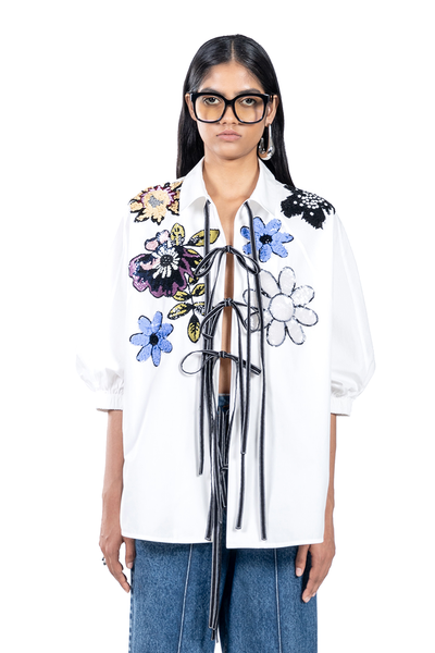 HANDCRAFTED MULTI-FLORAL TIE-UP SHIRT