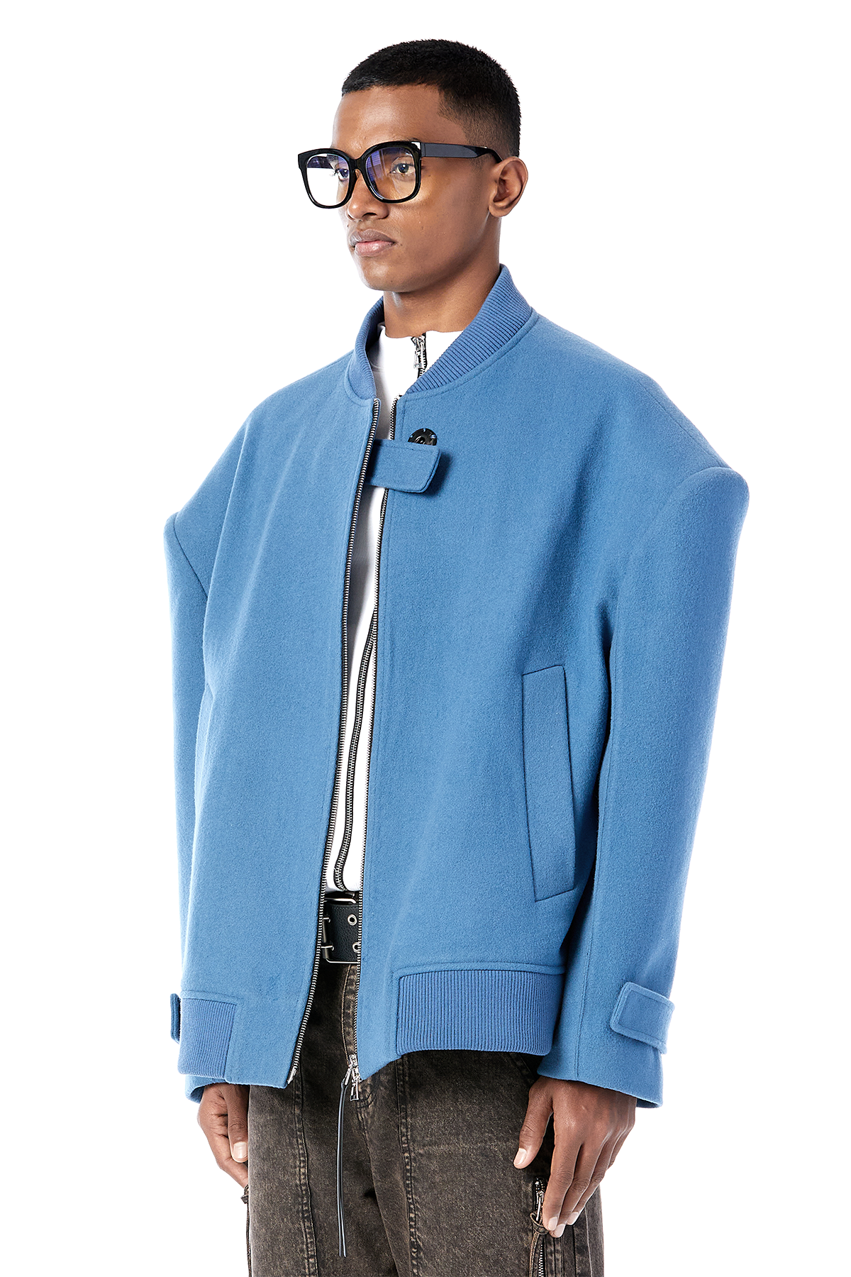 Padded Shoulder Felt Bomber Jacket