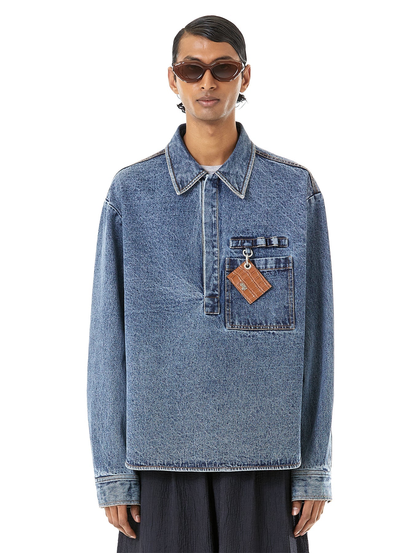 Denim Polo Shirt With Pocket Charm