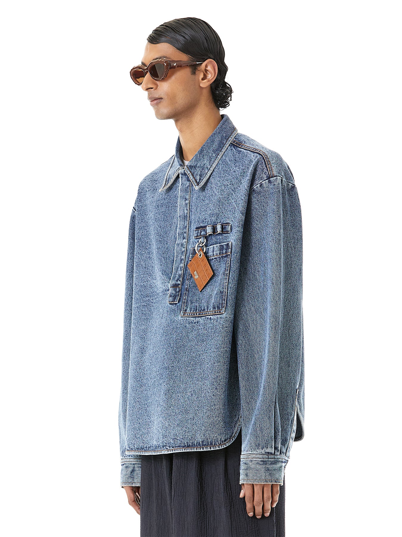 Denim Polo Shirt With Pocket Charm