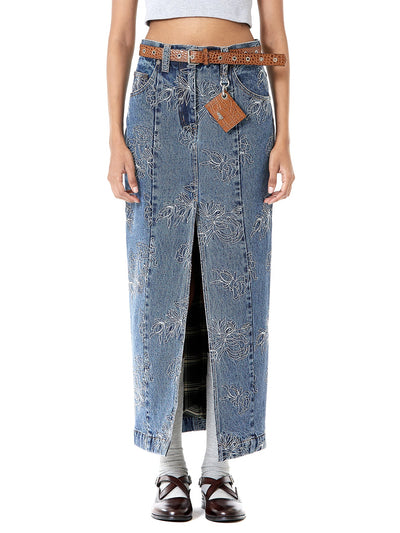 Thread Work Denim Slit Skirt