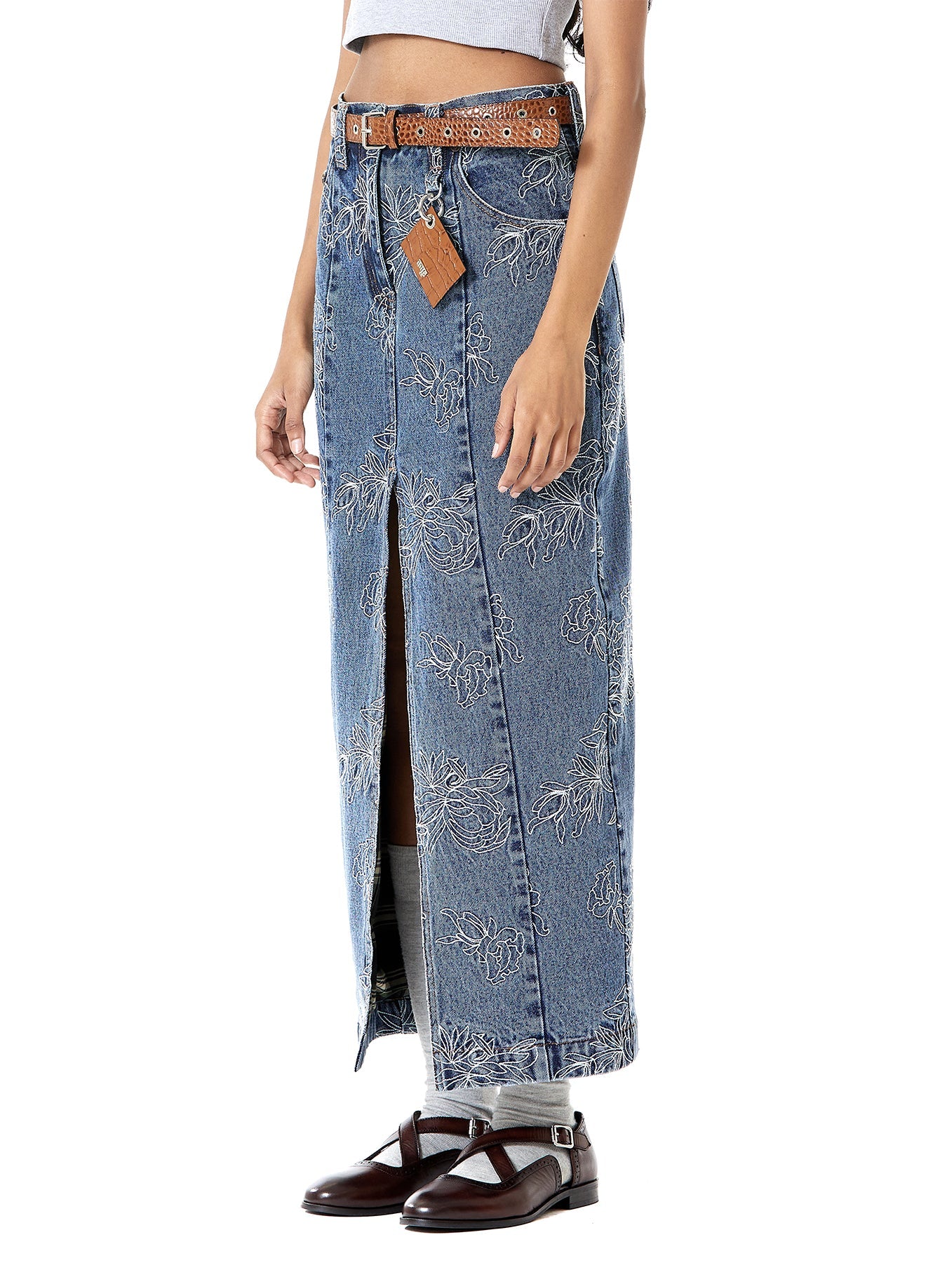 Thread Work Denim Slit Skirt