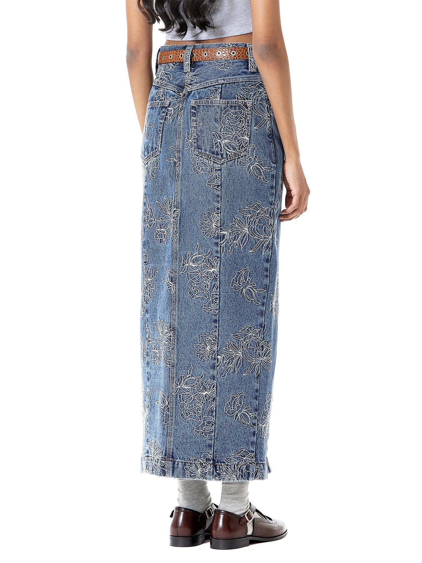 Thread Work Denim Slit Skirt