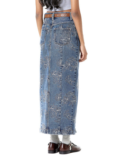 Thread Work Denim Slit Skirt
