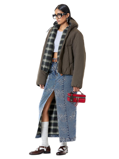 Thread Work Denim Slit Skirt