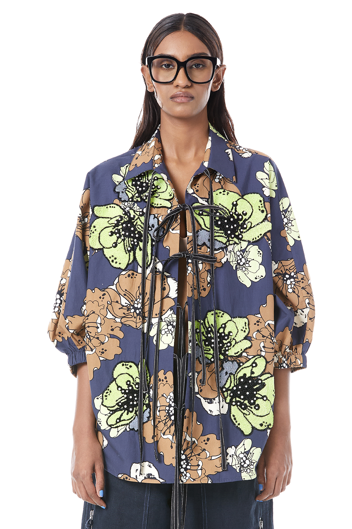 FLORA HAND EMBROIDERED TIE-UP SHIRT