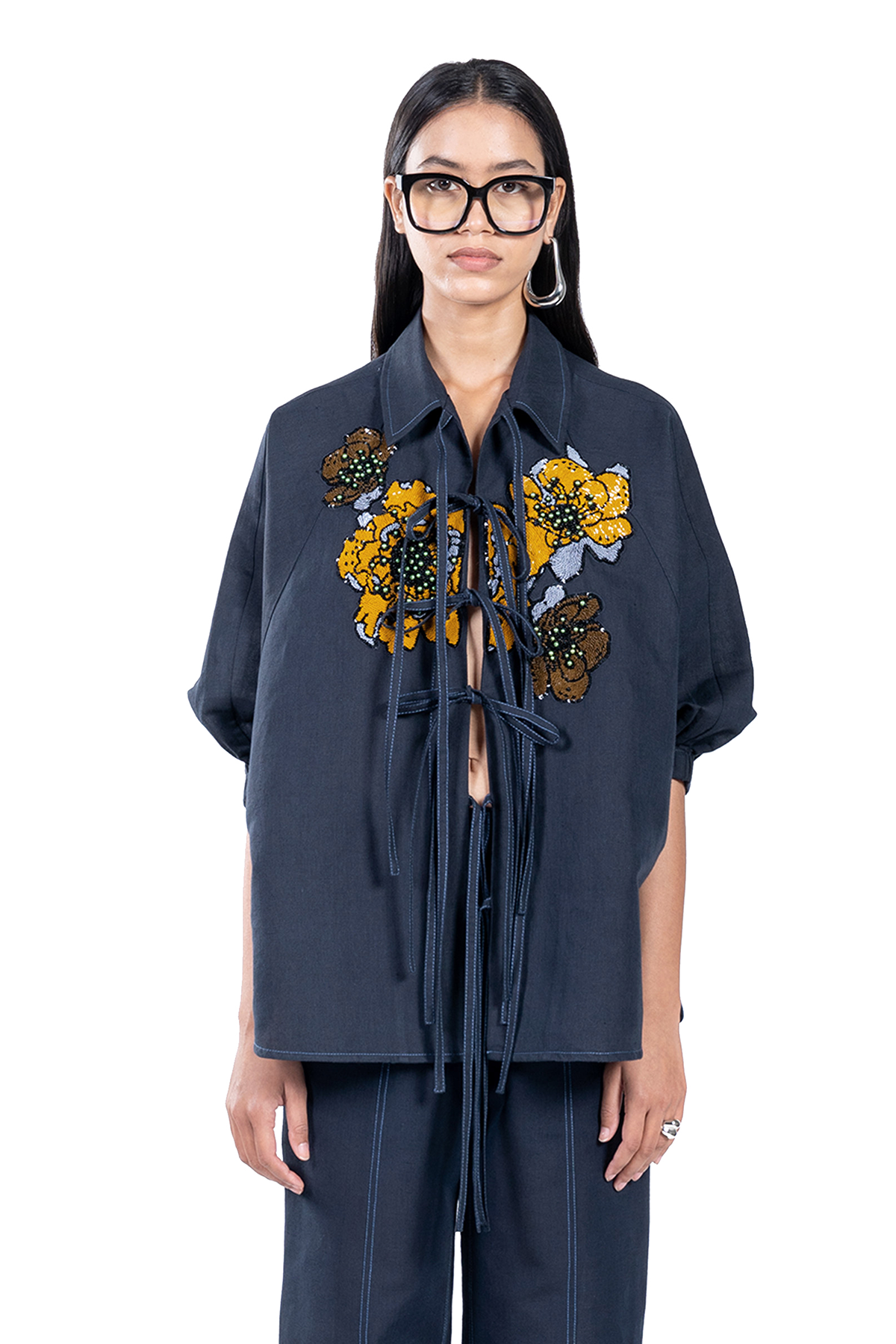 FLORA HAND EMBROIDERED TIE-UP SHIRT