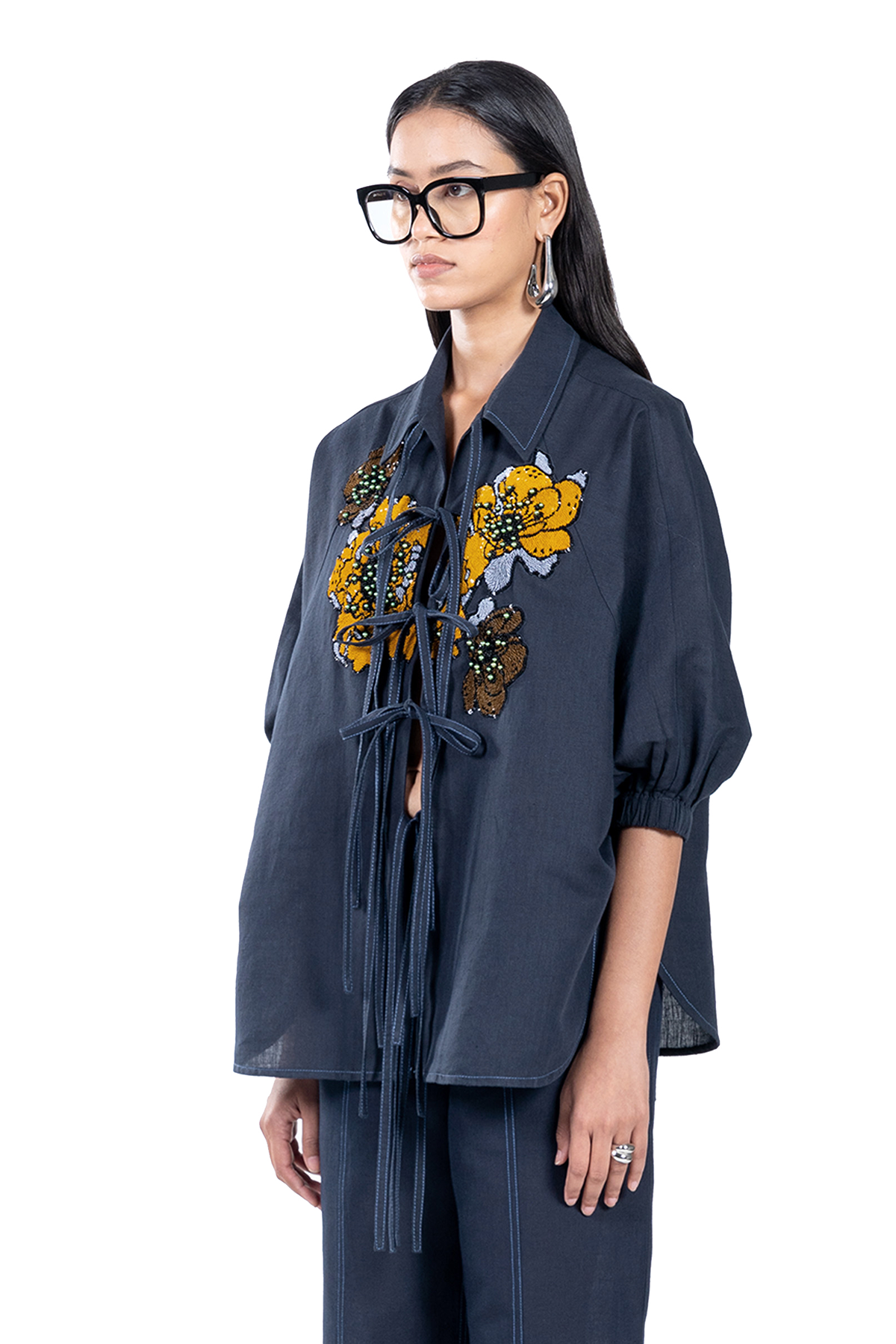 FLORA HAND EMBROIDERED TIE-UP SHIRT
